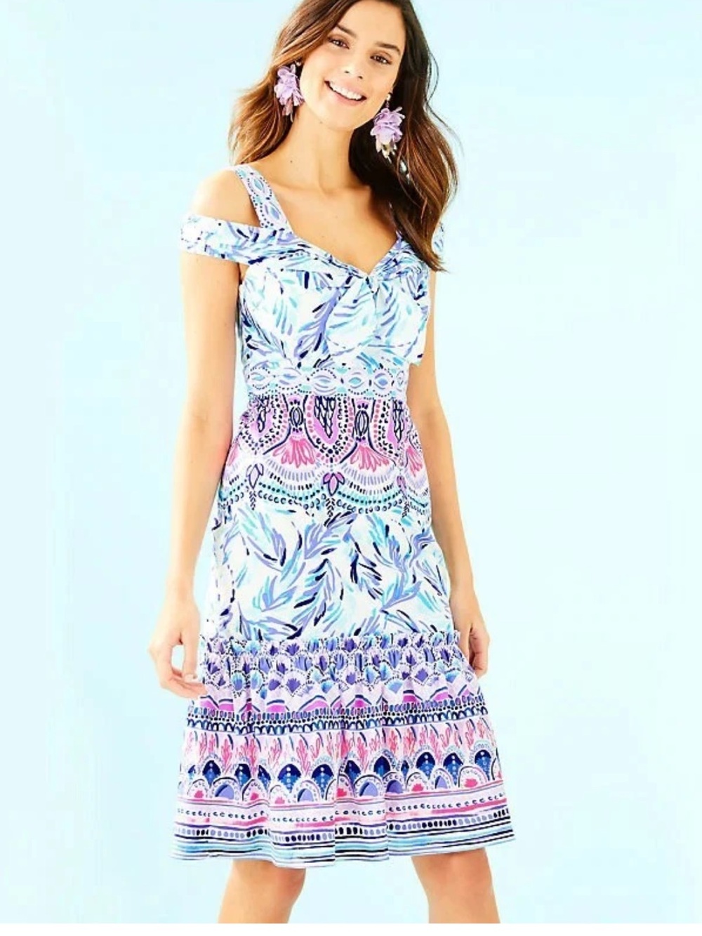 Lilly Pulitzer Flock Together Blue Pink Iva Midi Cold Shoulder Dress Size 4